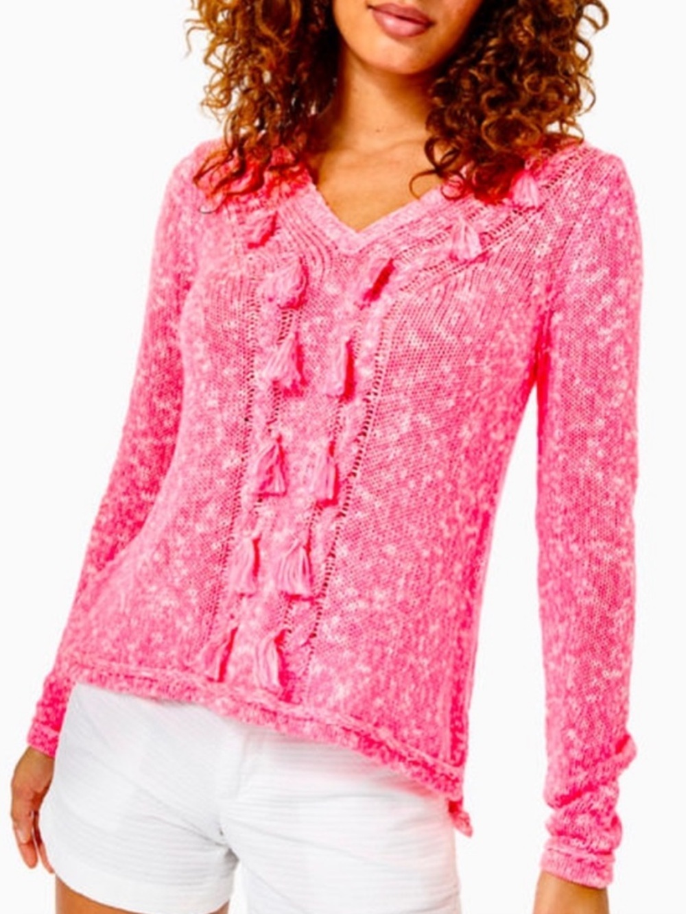 Lily Pulitzer Kovette pink tassel cotton high V-neck cotton sweater